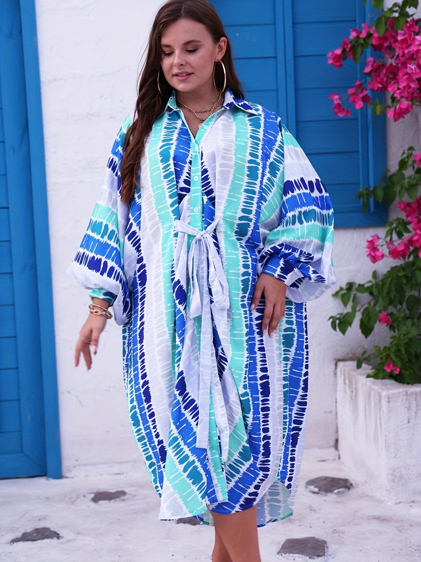 Women's Plus Tie Dye Bat Sleeve Button Up Oversized Maxi Dress