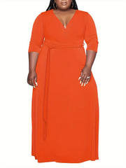 Women's Plus Solid Half Sleeve Maxi Dress With Belt