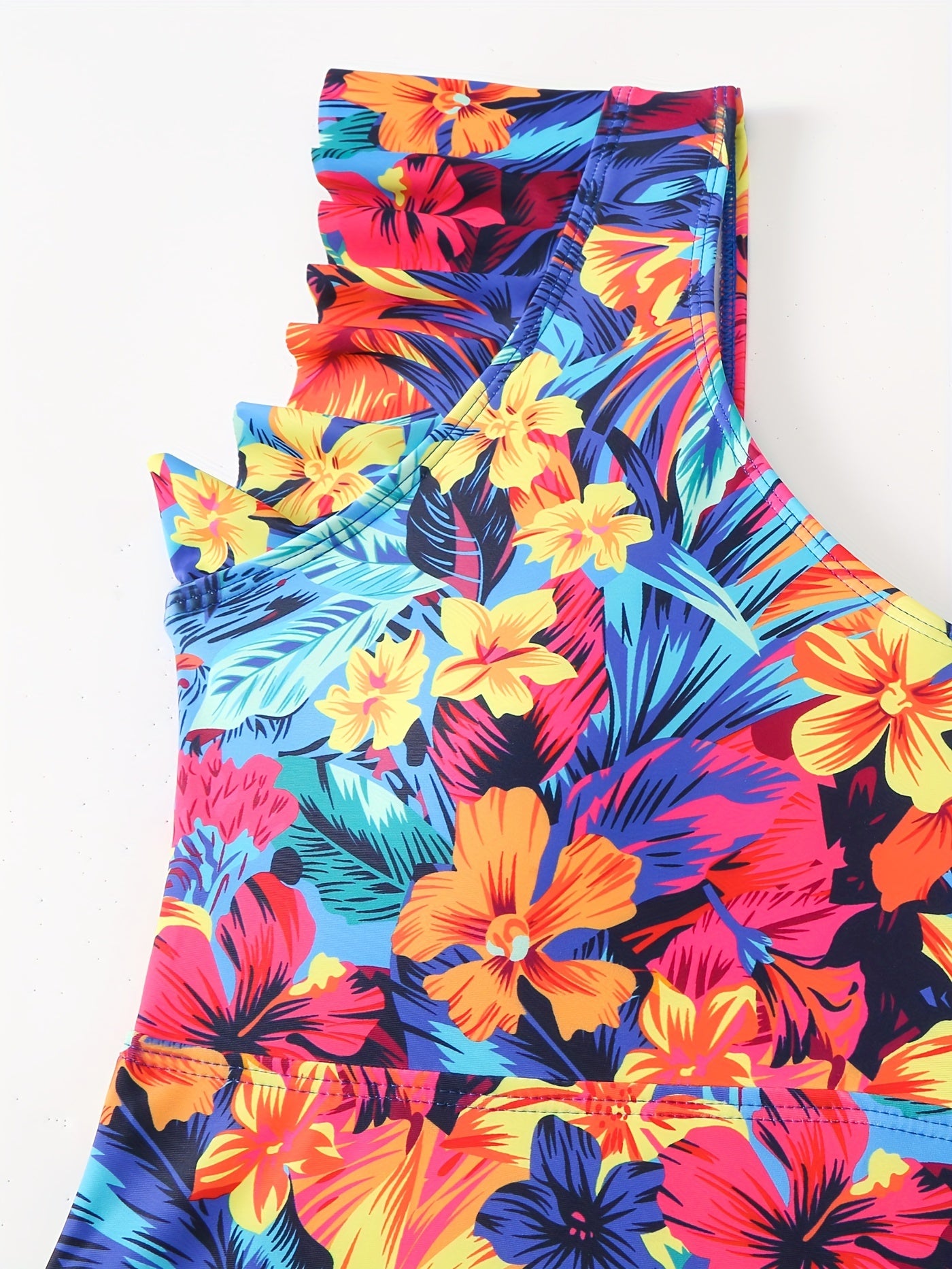  Floral Print V Neck Ruffle Trim One Piece Bathing Suit