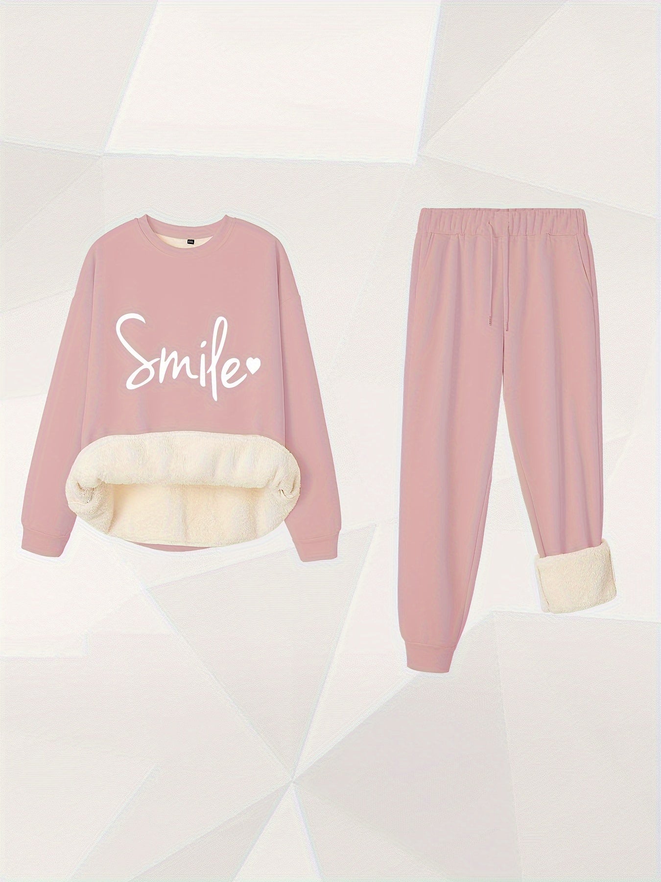  Letter & Heart Print Crew Neck Fleece Top & Joggers Outfit