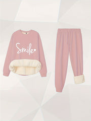  Letter & Heart Print Crew Neck Fleece Top & Joggers Outfit