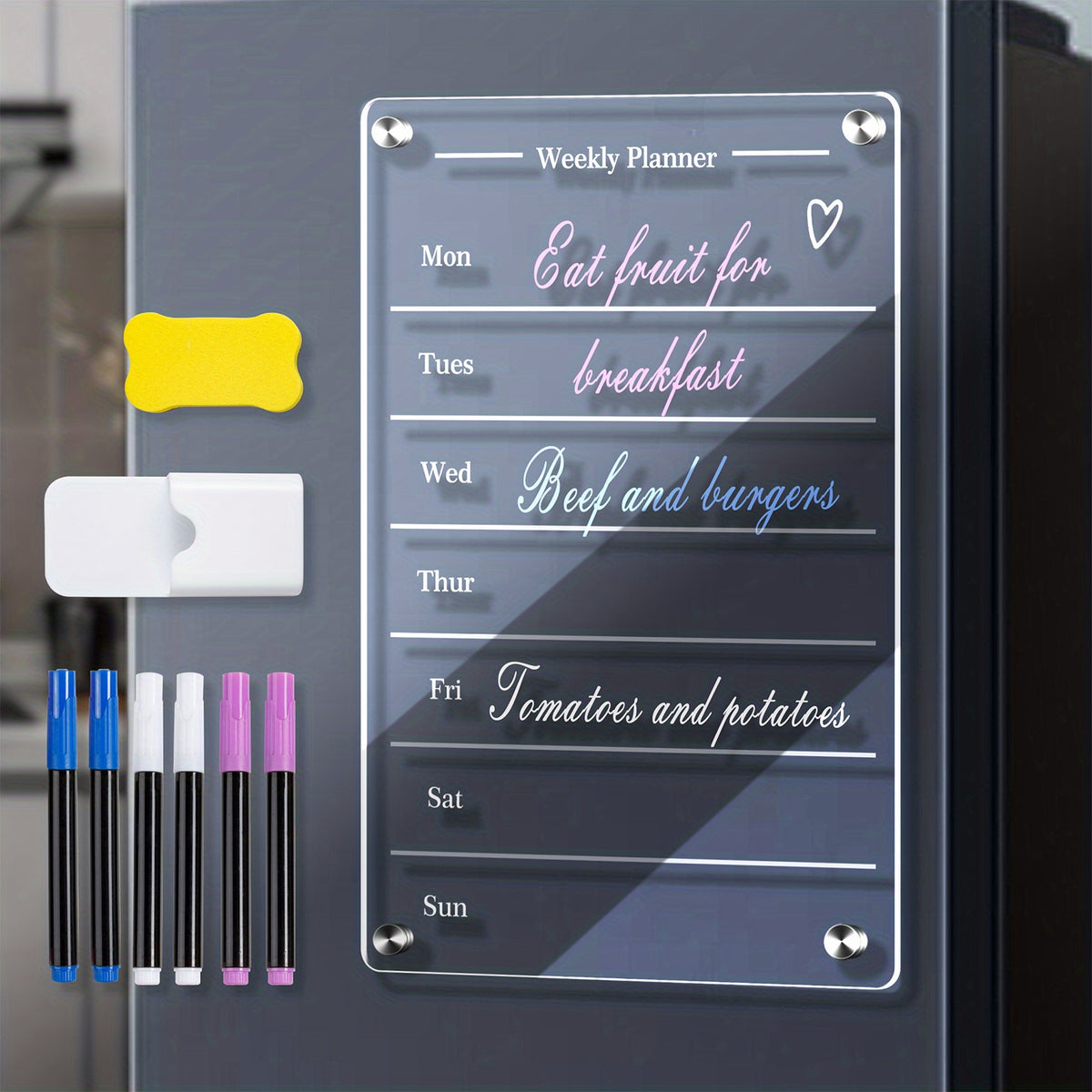 Acrylic Magnetic Weekly Calendar For Fridge - Clear Dry Erase Board