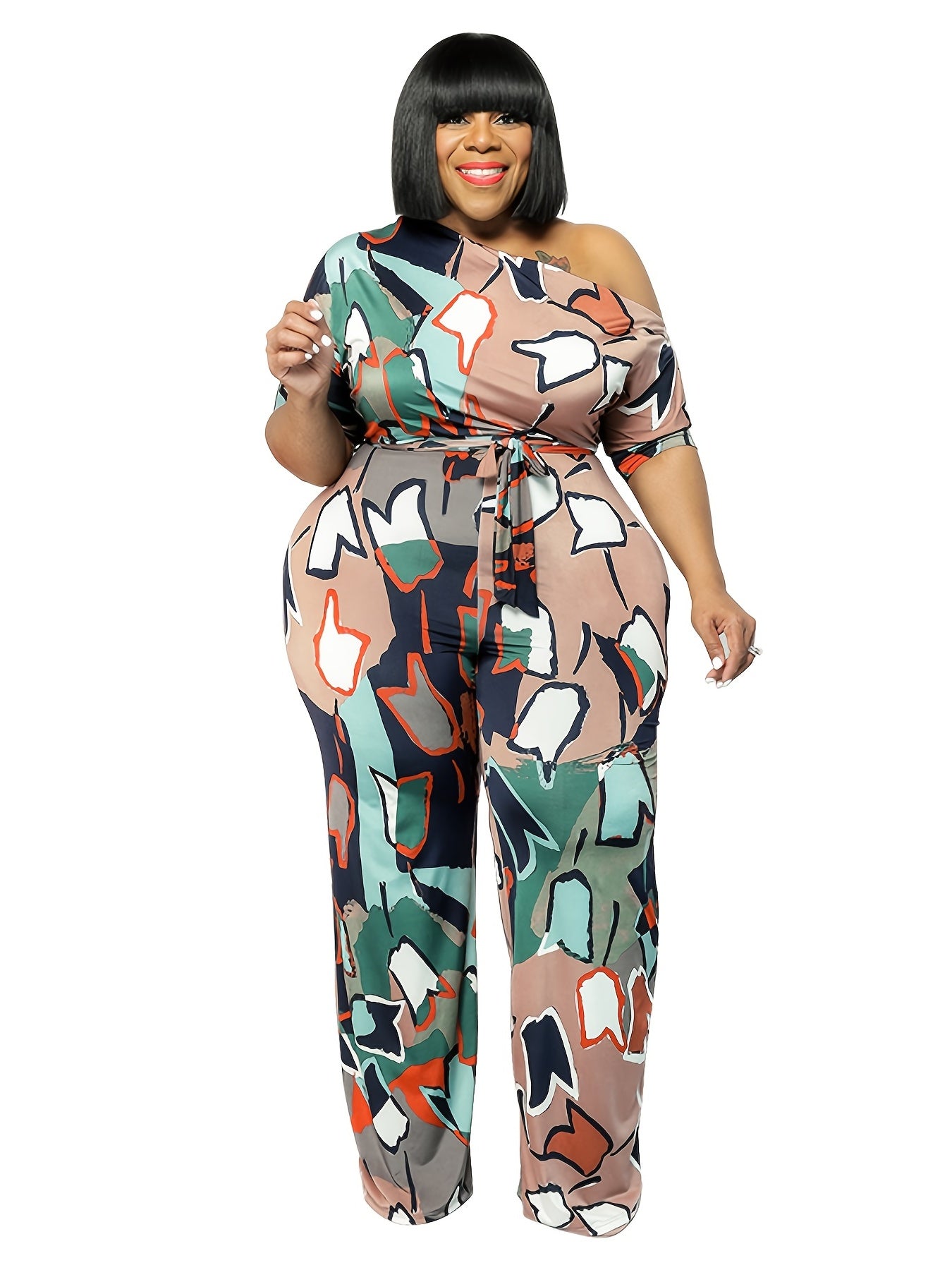  Graphic Print One Off Shoulder Jumpsuit