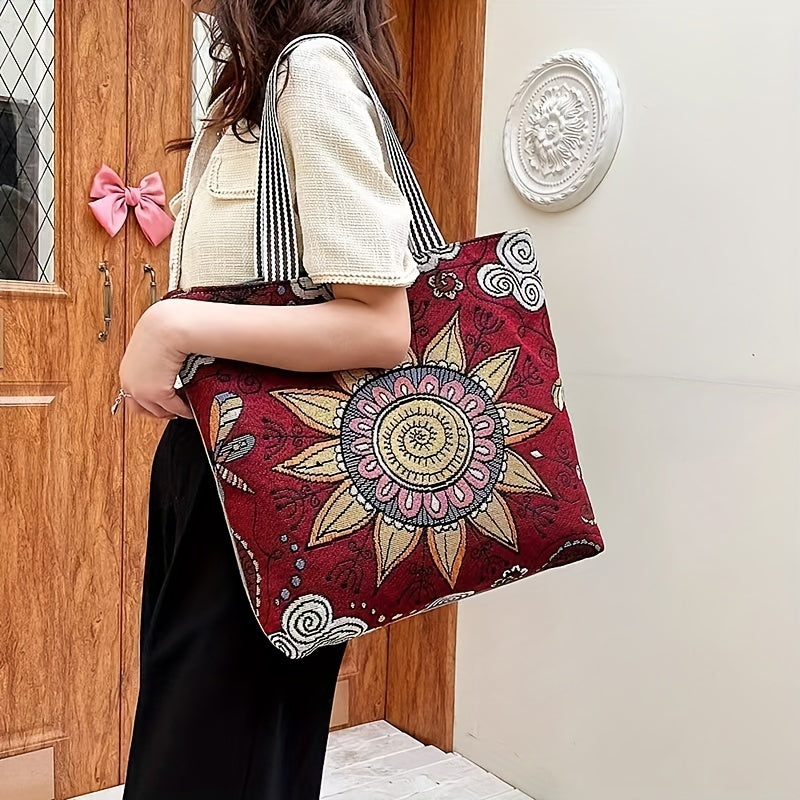 Floral Embroidered Tote Bag Canvas Shoulder Bag Large Capacity