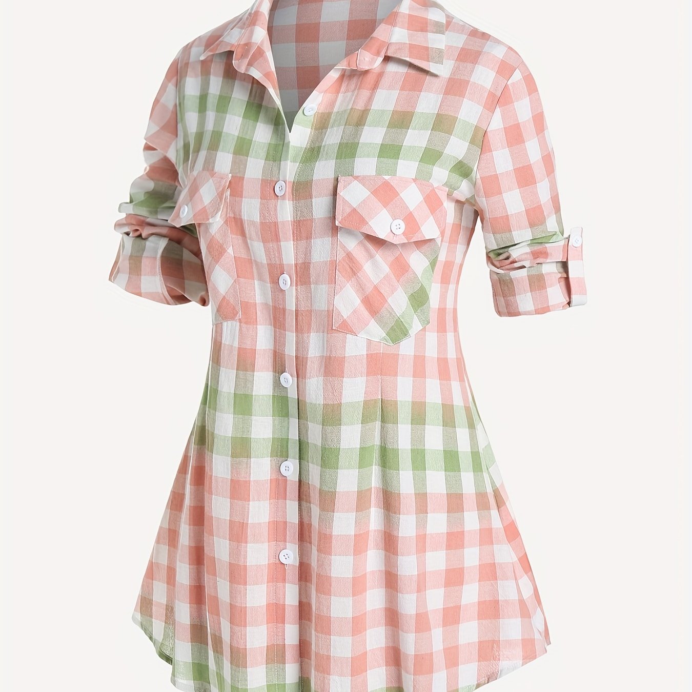  Colorblock Gingham Button Up Peplum Blouse