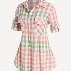  Colorblock Gingham Button Up Peplum Blouse
