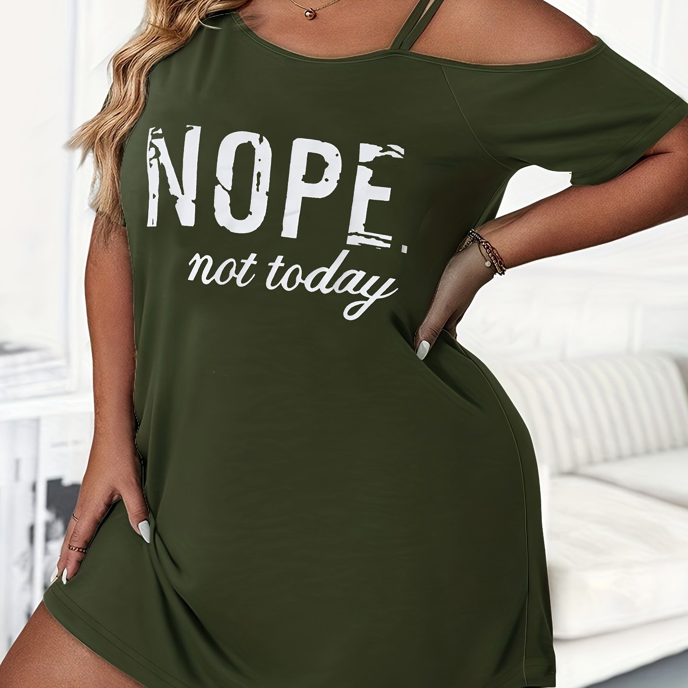  Slogan Print Cold Shoulder Loungewear Dress