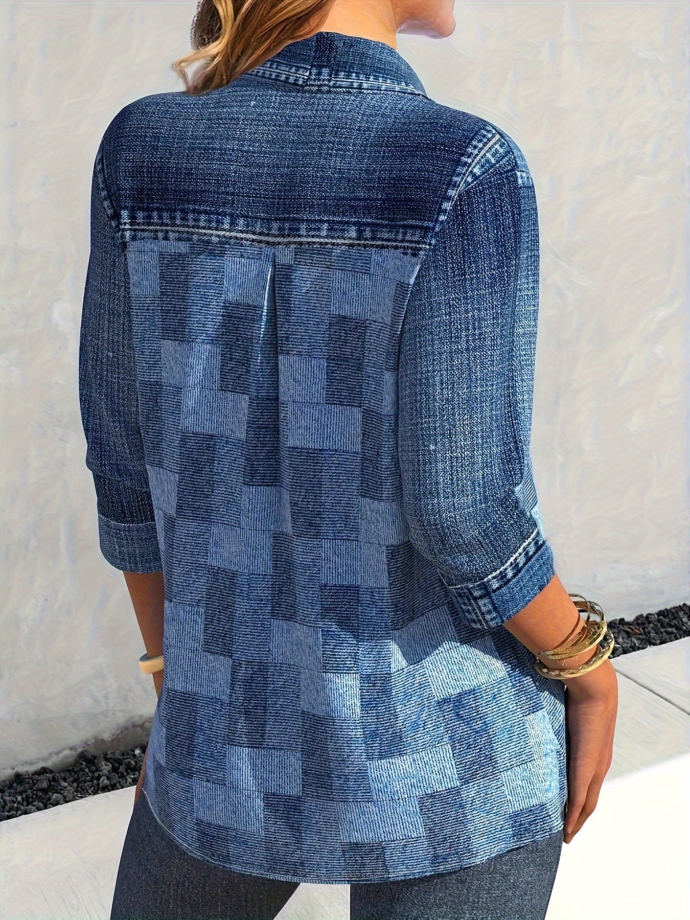  Denim Print Long Sleeve Button Up Shirt