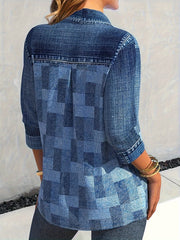  Denim Print Long Sleeve Button Up Shirt