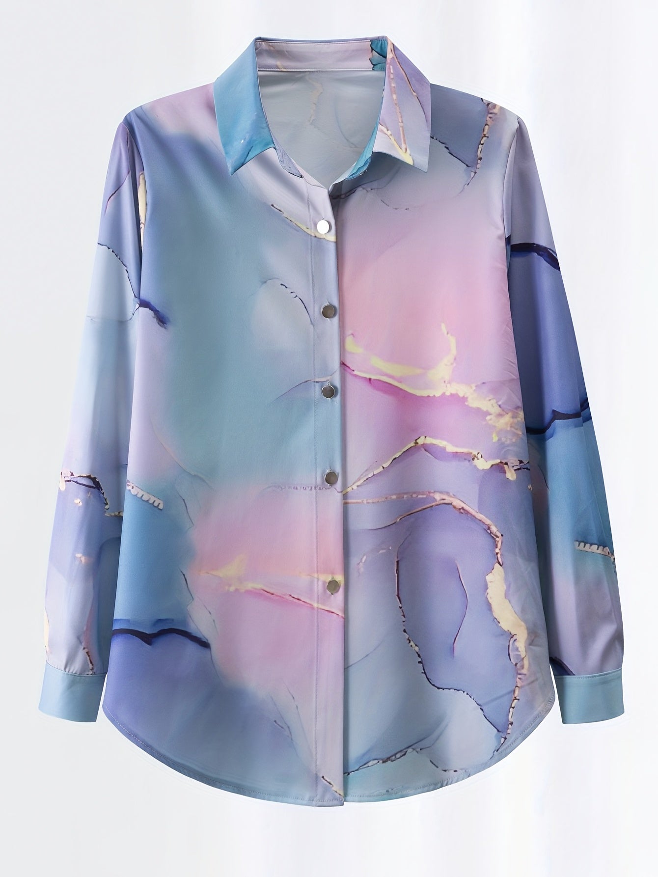  Marble Print Button Up Long Sleeve Blouse