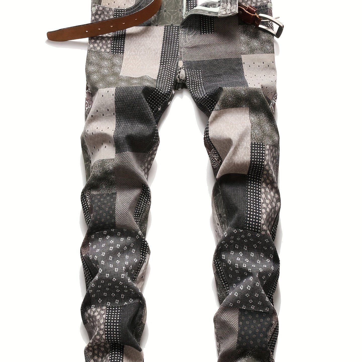 Men's Plaid Allover Print Jeans Patchwork Style Denim Pants
