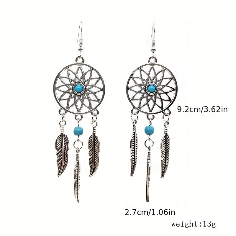 Feather Pine Stone Dream Catcher Earrings Vintage Ear Jewelry