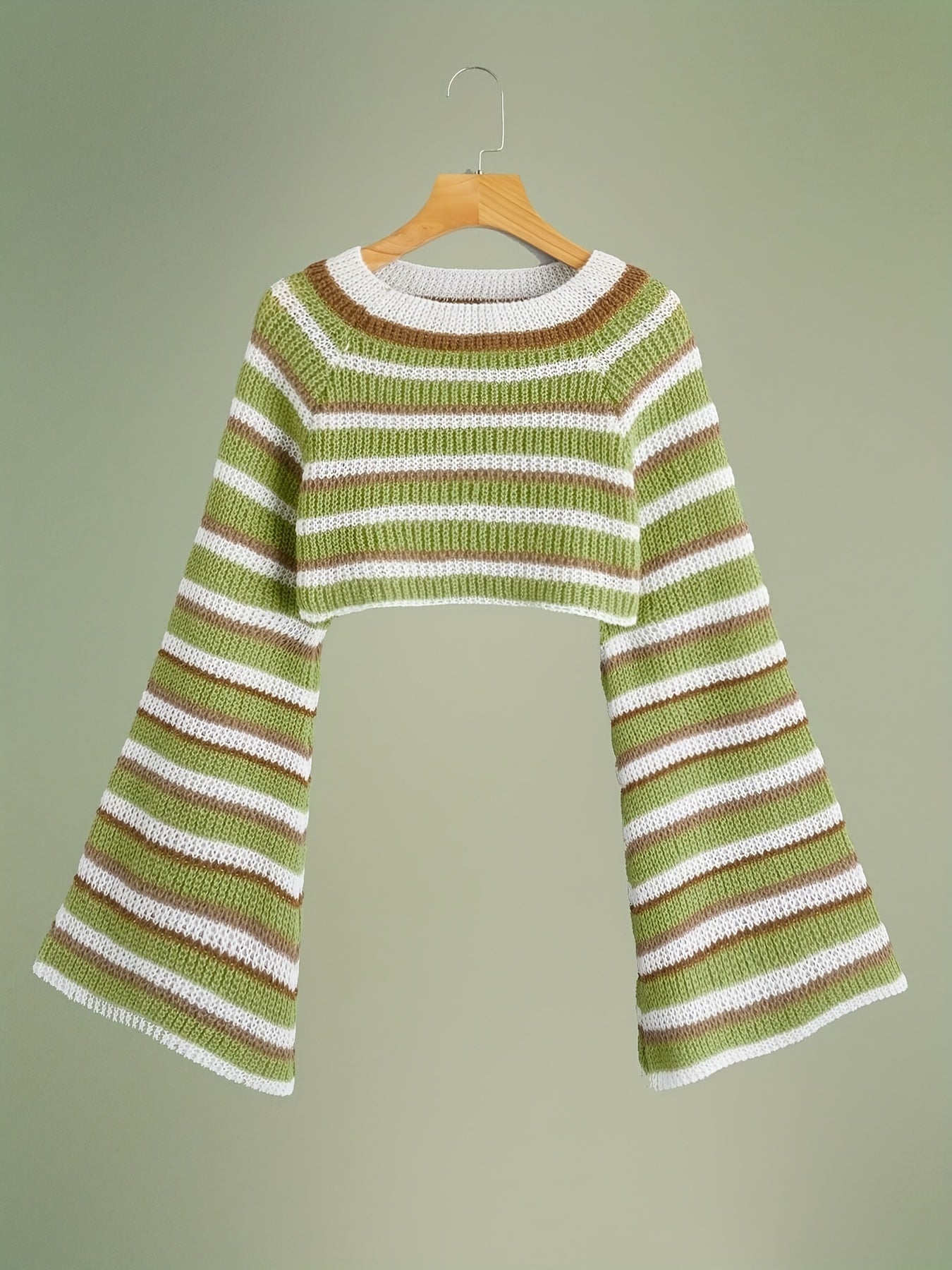  Y2K Striped Bell Sleeve Crew Neck Crop Sweater