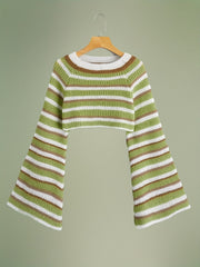  Y2K Striped Bell Sleeve Crew Neck Crop Sweater