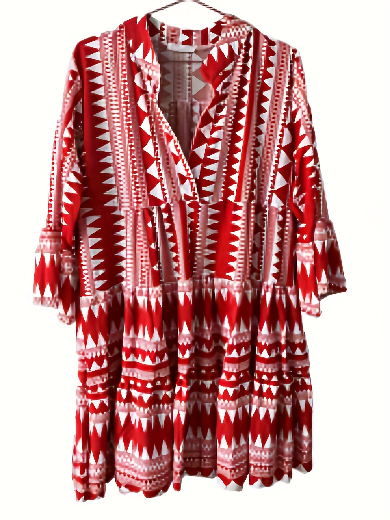  Geometric Print Button Up V Neck Loose Mini Dress