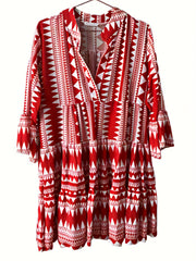  Geometric Print Button Up V Neck Loose Mini Dress