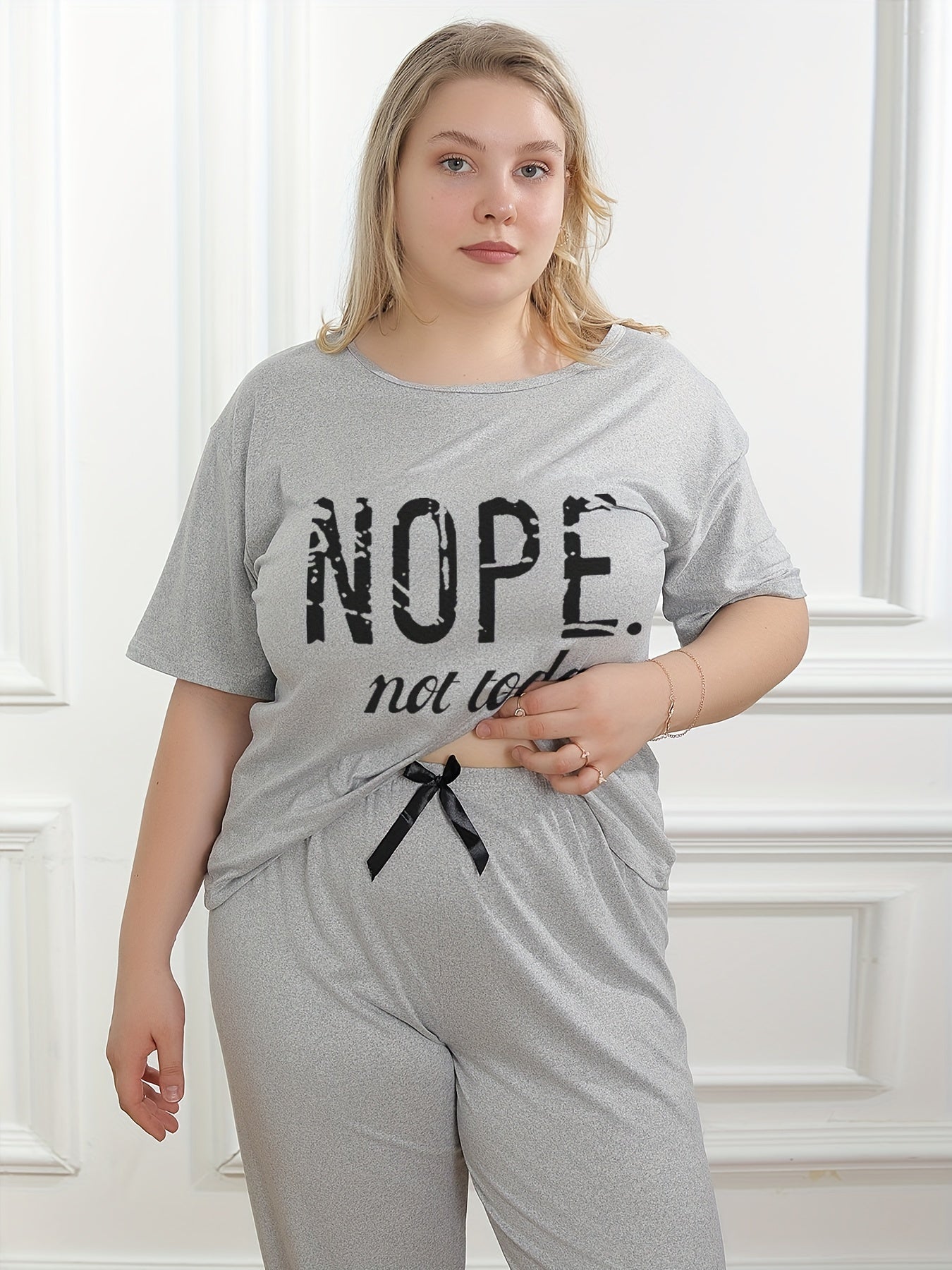  Slogan Print Pajama Set - T Shirt & Joggers Home Wear