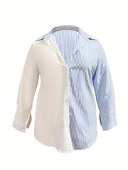  Colorblock Stripe Print Button Up Long Sleeve Blouse