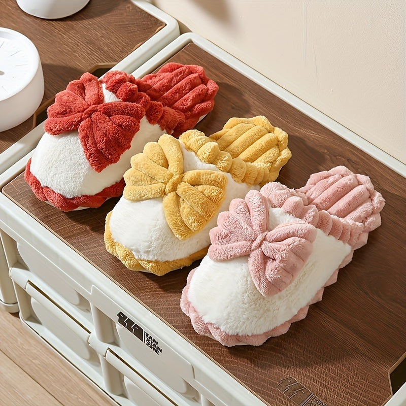 Women's Bowknot Slippers Round Toe Colorblock Warm Fluffy Home Shoes