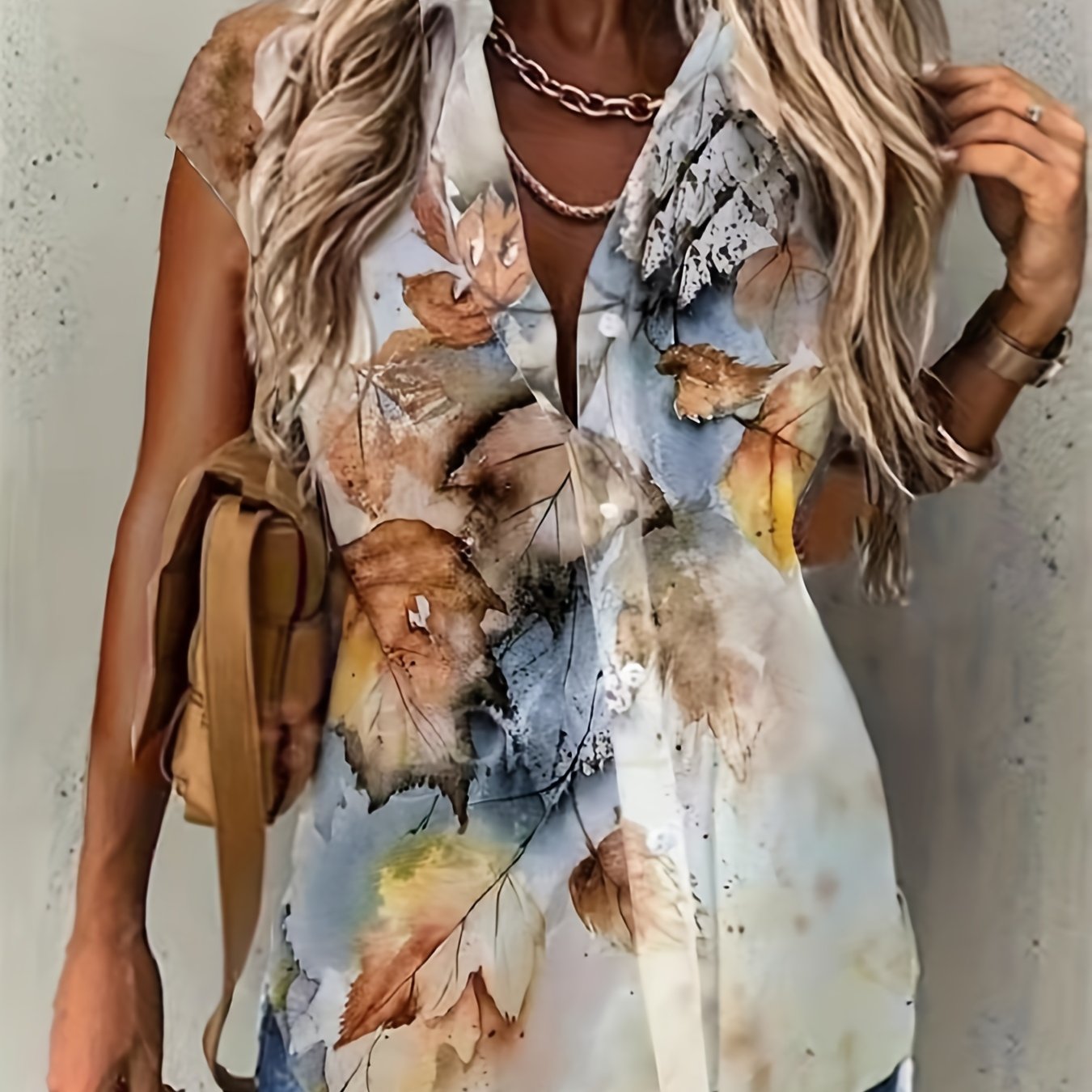  Leaf Print Cap Sleeve Blouse