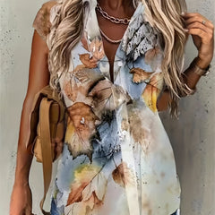  Leaf Print Cap Sleeve Blouse