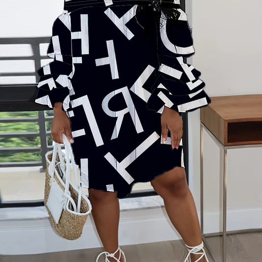  Casual Dress Women's Plus Letter Print Layered Sleeve