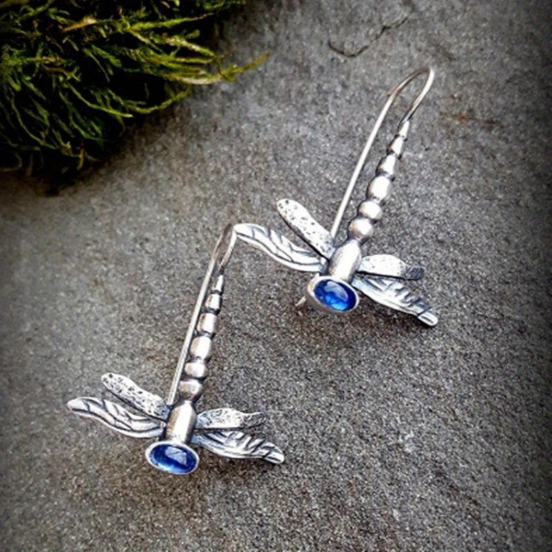 Vintage Dragonfly Stud Earrings with Oval Synthetic Gems for Party