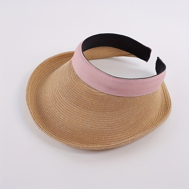 UV Protection Straw Sun Hat Roll Brim Ponytail Visor Hat Vintage Beach Hats