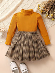 Girl's Preppy Style Turtleneck Top & Houndstooth Skirt Set