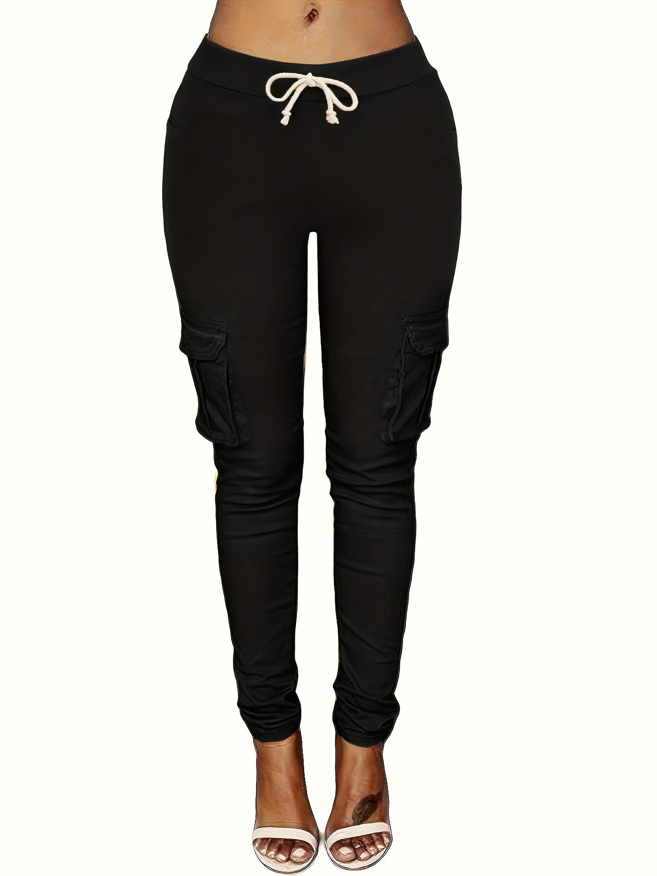  Cargo Pants Drawstring High Rise Solid Flap Pocket