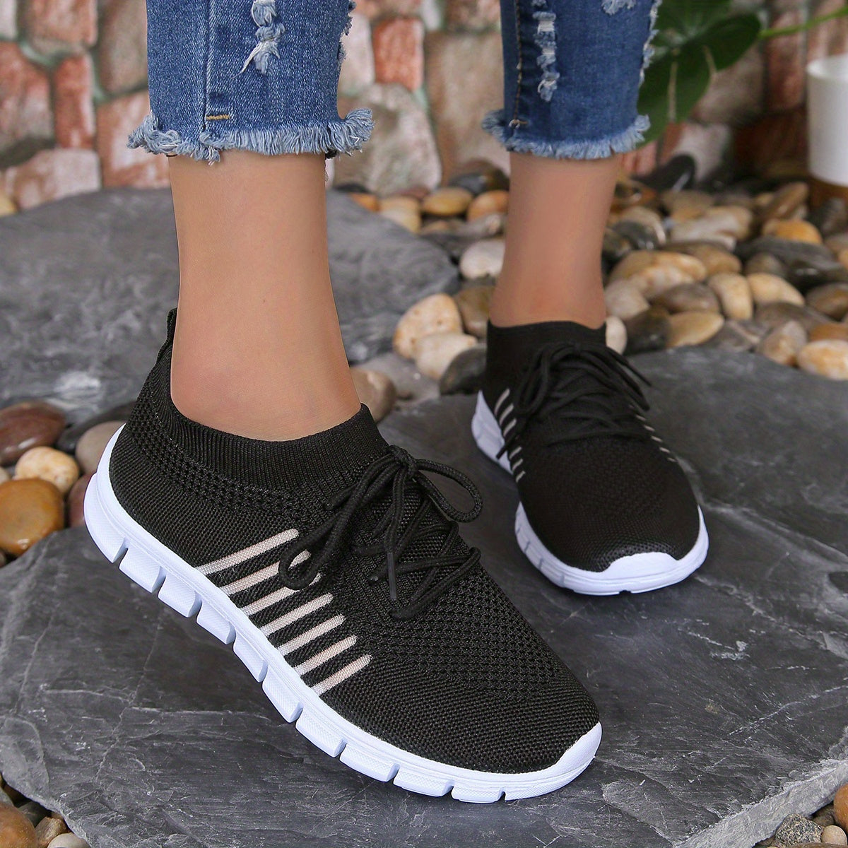 Women's Lace Up Knit Weaving Sneakers Breathable Mesh Running Shoes