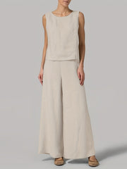 Solid Two-Piece Set Crew Neck Tank Top & Wide Leg Pants