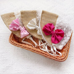 Lace Mesh Cap w/ Bow & Tie Strap for Newborns