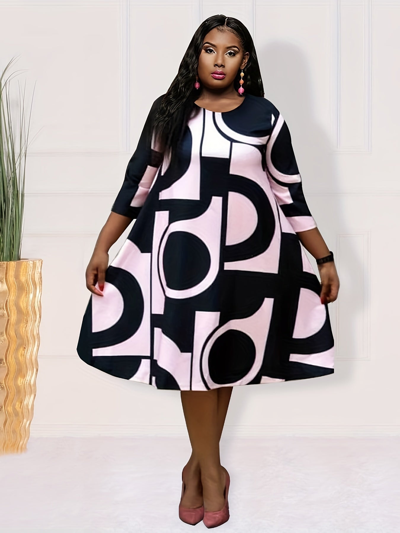 Geometric Print Half Sleeve Loose Fit Dress