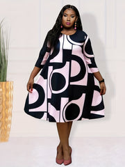 Geometric Print Half Sleeve Loose Fit Dress
