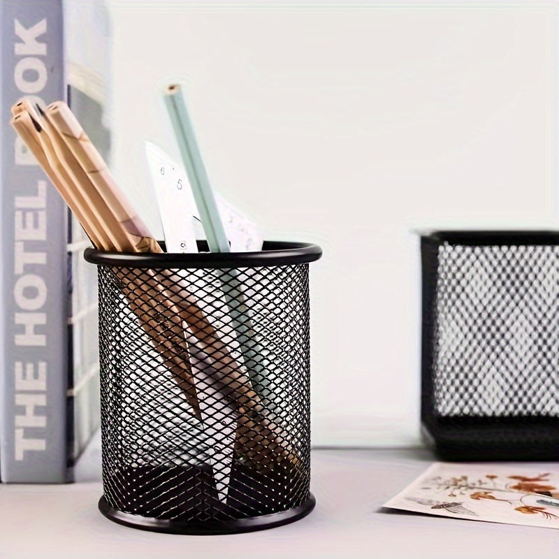 Iron Pen Holder Round Hollow Metal Desktop Office Storage Box