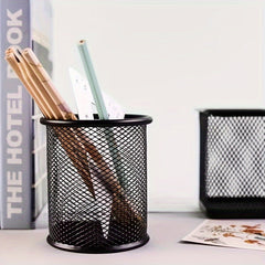 Iron Pen Holder Round Hollow Metal Desktop Office Storage Box