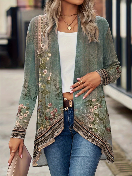  Floral Print Long Sleeve Open Front Cardigan