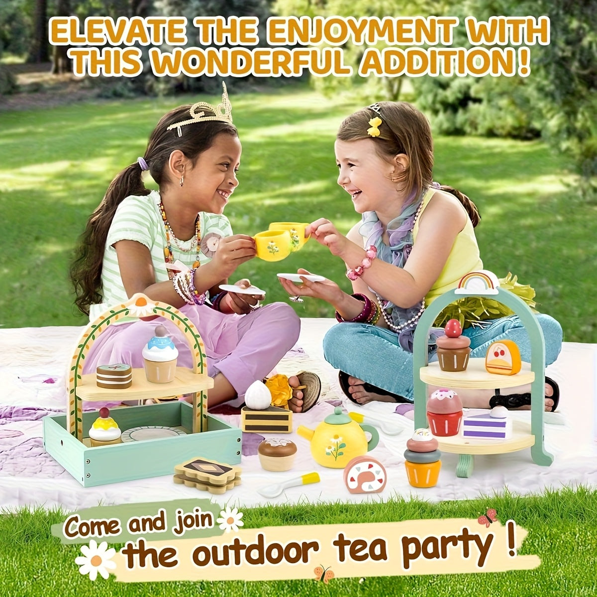 Wooden Tea Party Playset with Kitchen Accessories for Ages 3