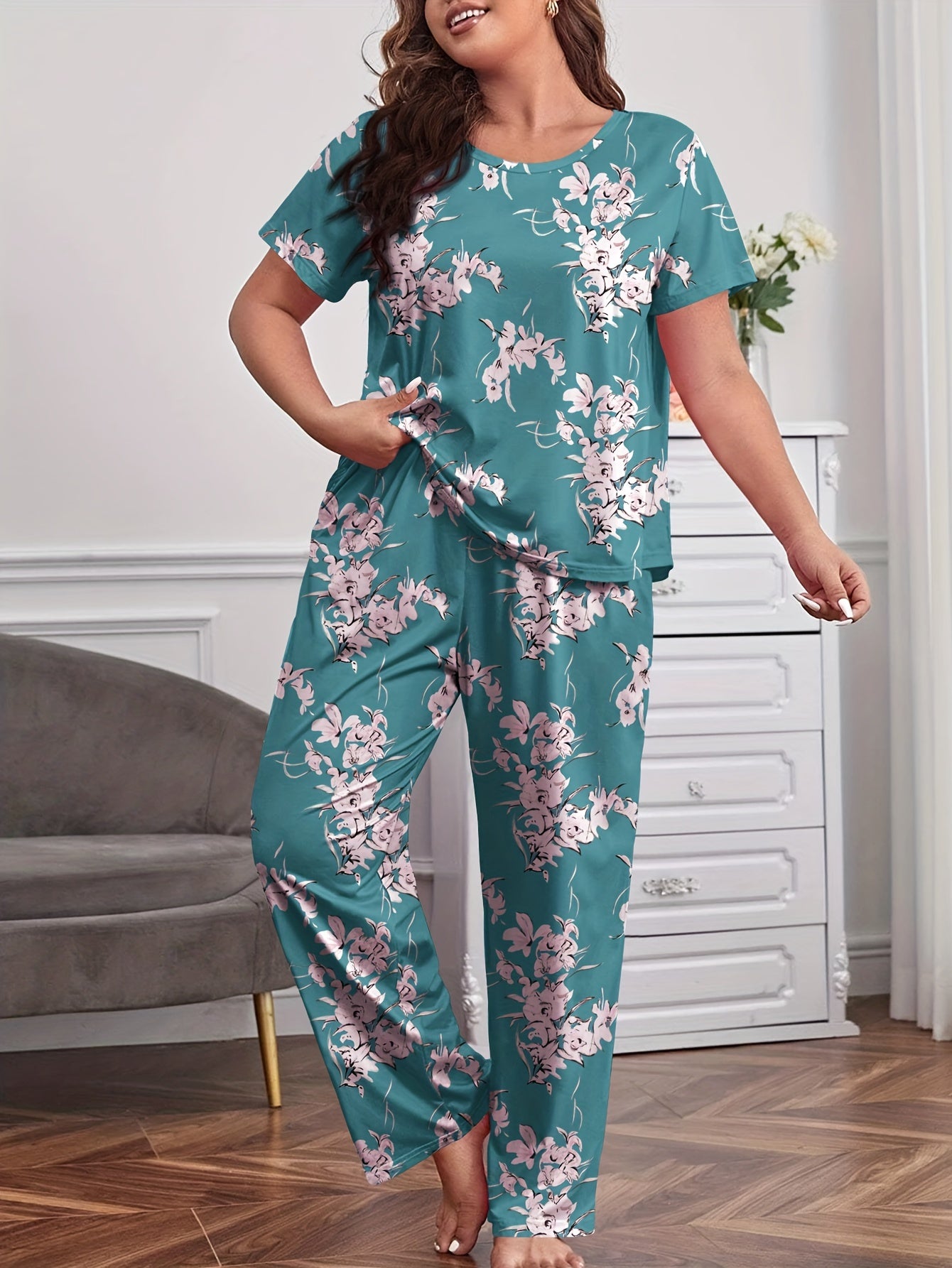  Floral Print Pajama Set Short Sleeve Tee & Pants Loungewear