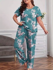  Floral Print Pajama Set Short Sleeve Tee & Pants Loungewear