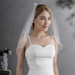 Pearl Bowknot Short Wedding Veil Soft Tulle Bridal Accessory