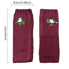 Bird Embroidered Knitted Gloves Long Warm Fingerless Gloves