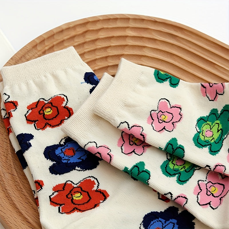 4 Pairs Floral Print Socks Comfy & Breathable Mid Tube Socks Women's Stockings