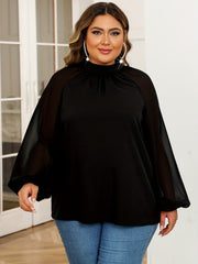  Mesh Lantern Sleeve Mock Neck Top
