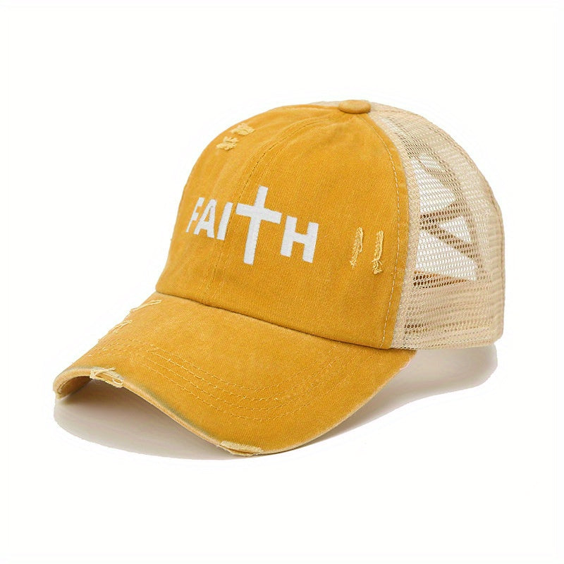 FAITH Ponytail Trucker Hat Washed Distressed Baseball Cap