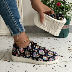 Floral Skull Print Slip-On Canvas Shoes Women Low Top Sneakers