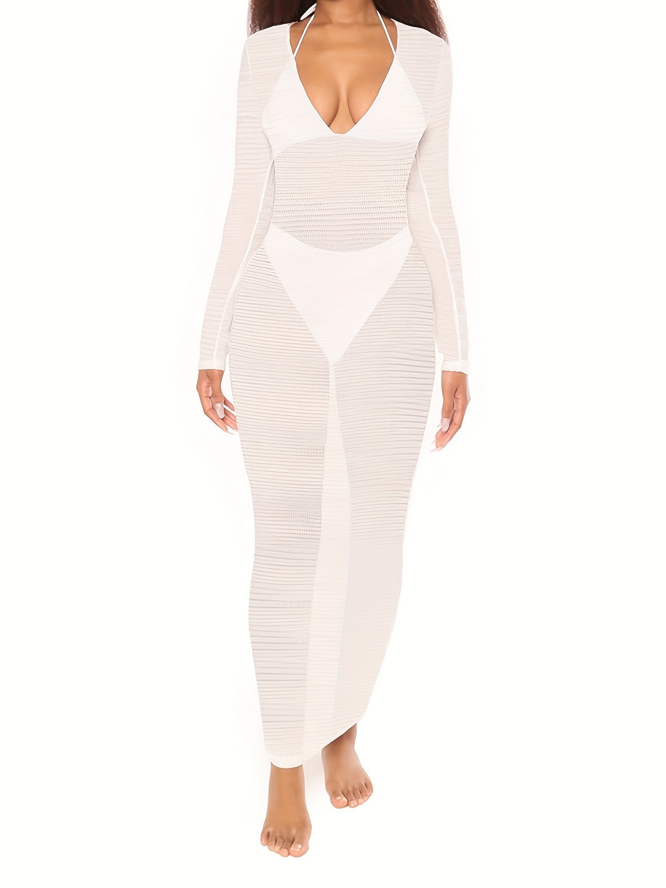 Deep V Neck Knitted Cover Up Dress Solid Ankle Length Sexy Beach Cover Up