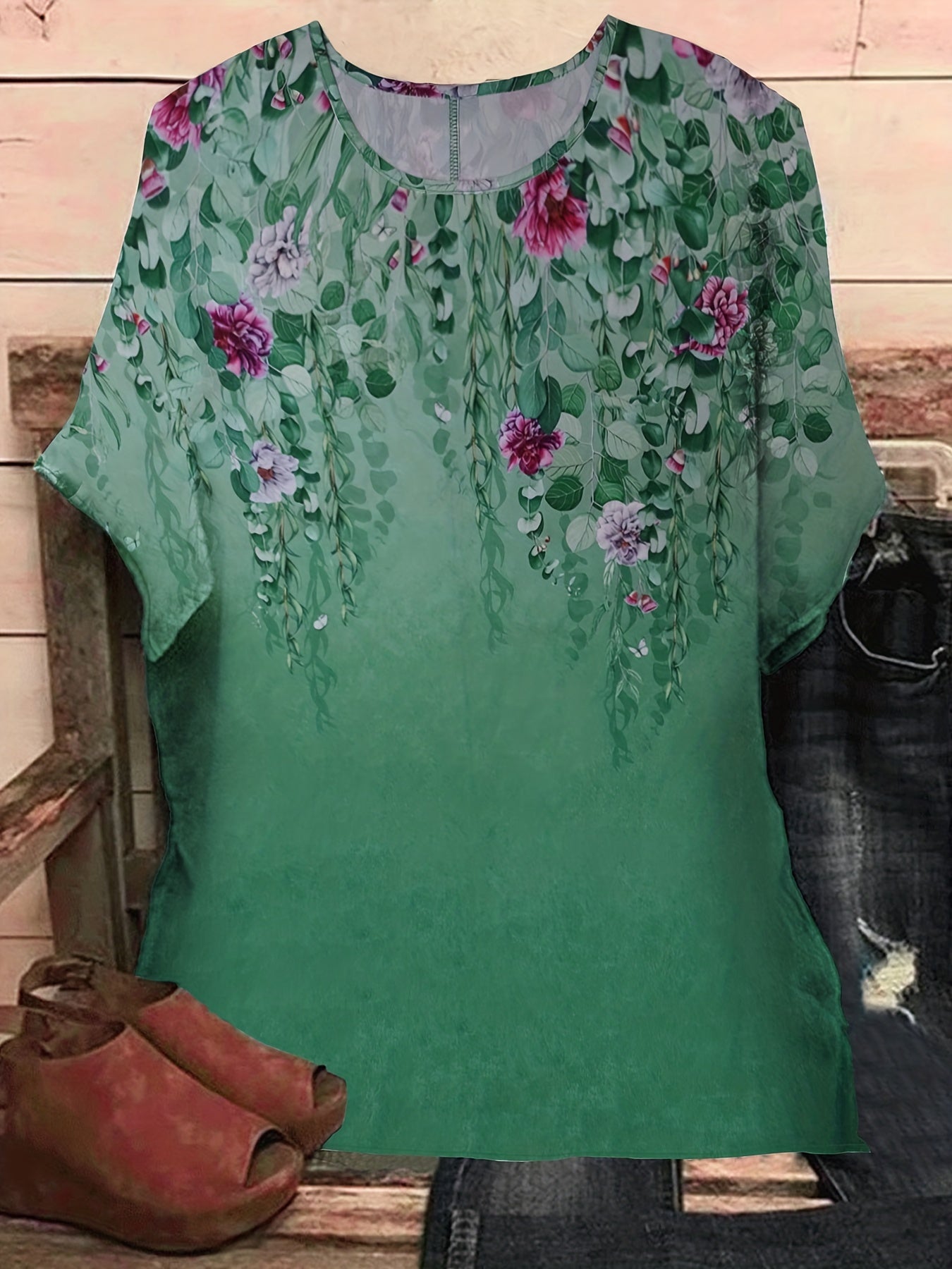  Floral Print Short Sleeve Round Neck Top
