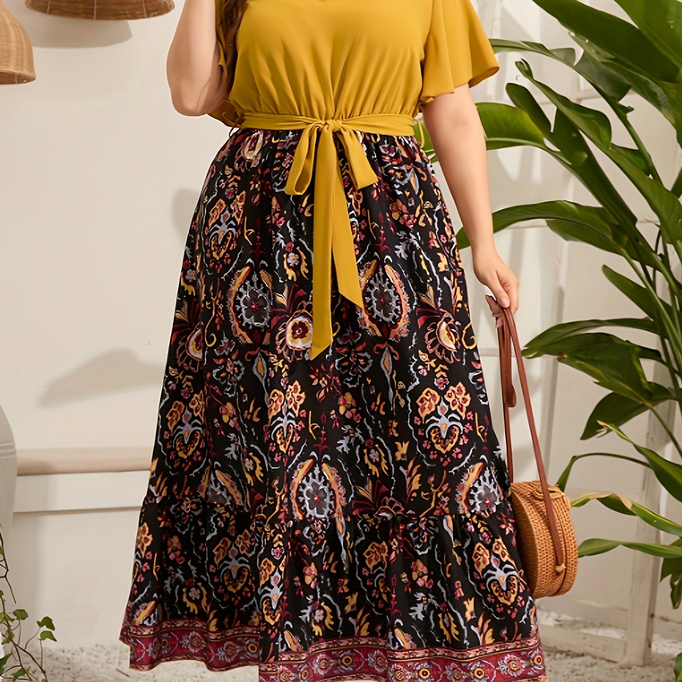  Colorblock Floral Print Knot Front Maxi Dress